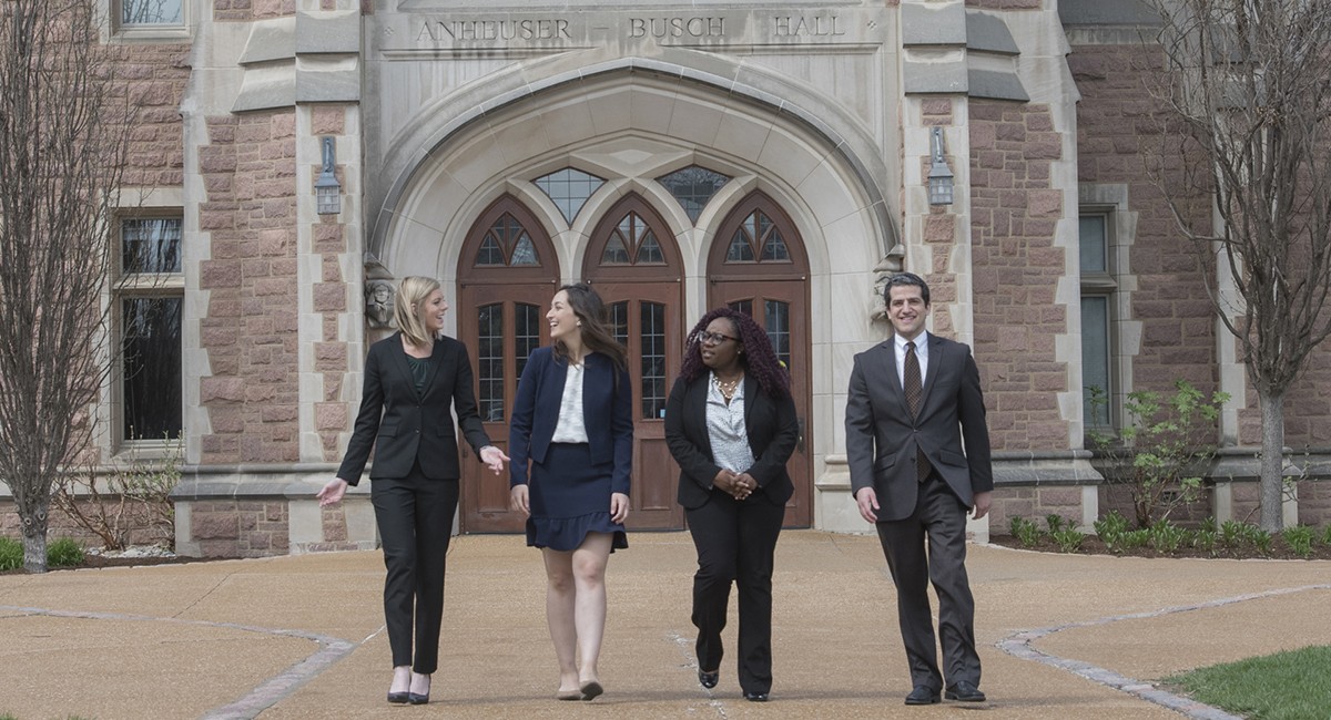 WashULaw Students walking outside Anheuser Busch Hall.