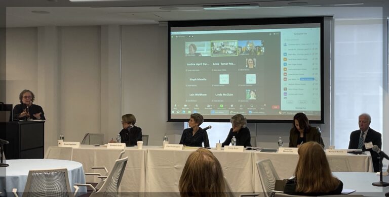 Professor Susan Frelich Appleton at podium. Seated: Elizabeth Scott, Clare Huntington, Emily Buss, Solangel Maldonado, and Richard Bonnie.