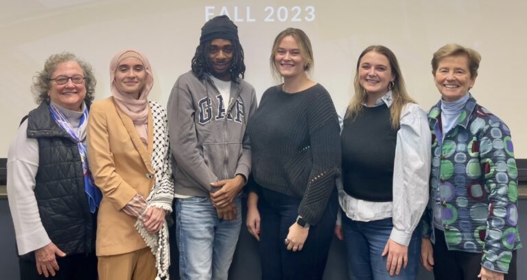 Professors Appleton and Tokarz with Fall '23 student teachers Caitlin Aladham, Ja’Brae Faulk, Claire Kirkland, and Elena LeVan.
