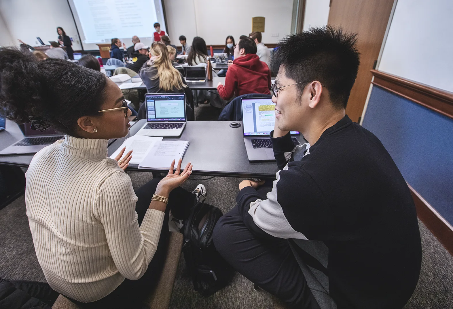 Students working together in law class discussion,