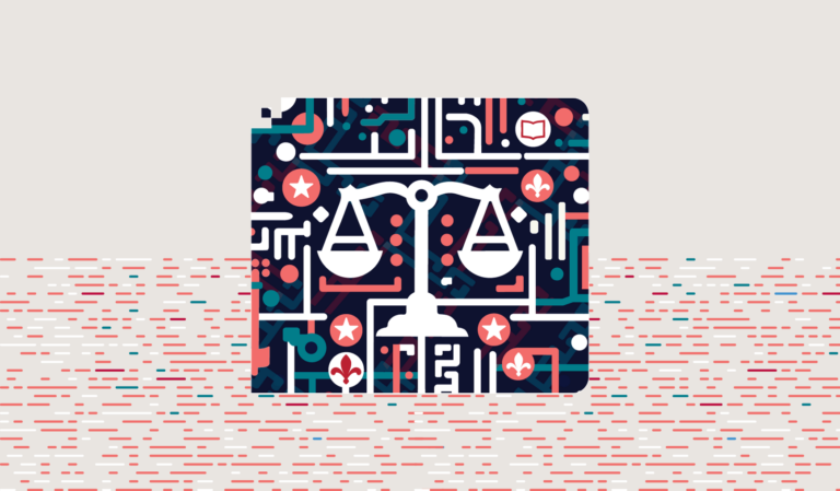 Abstract illustration featuring a white justice scale on a dark blue background.