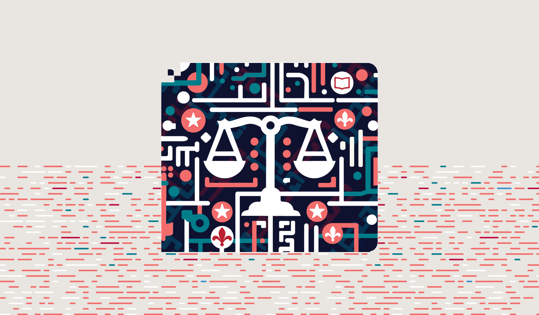 Abstract illustration featuring a white justice scale on a dark blue, intricate geometric background. Red and blue accents add a modern, balanced feel.