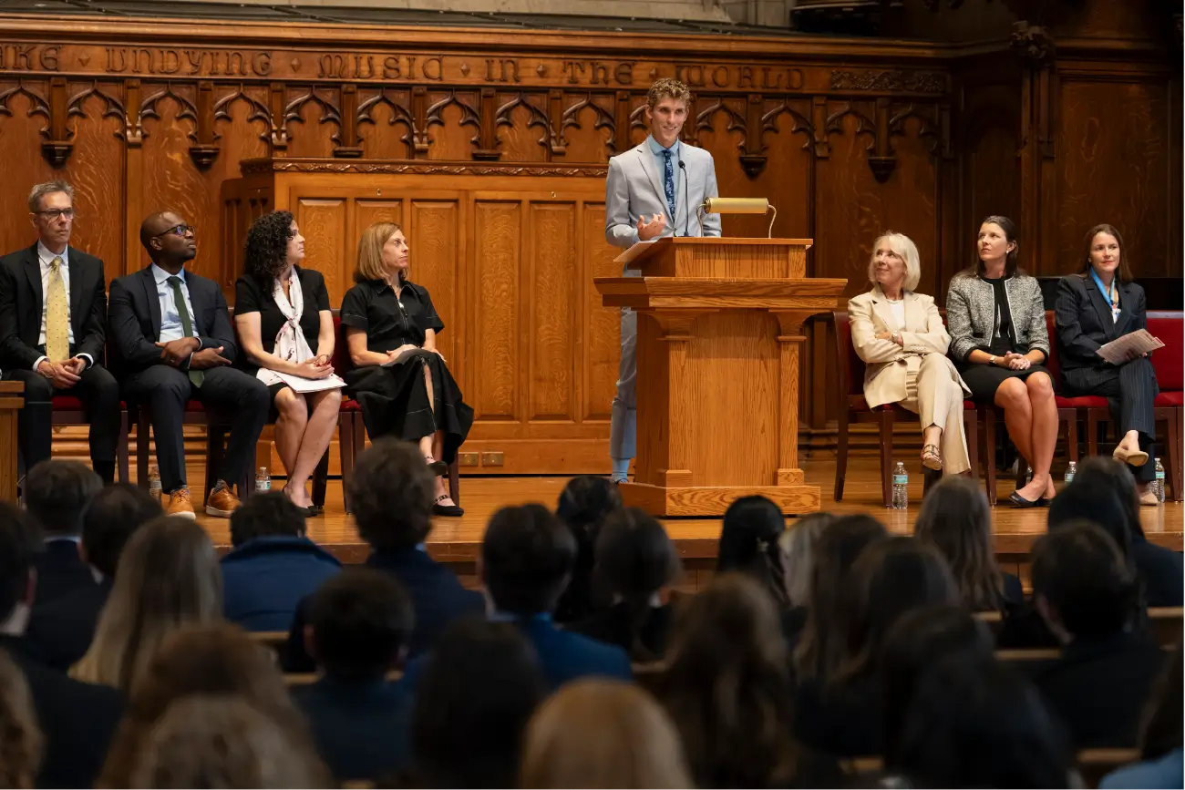 WashU Law SBA President Jamison Straulin gives speech to incoming JD students at Convocation
