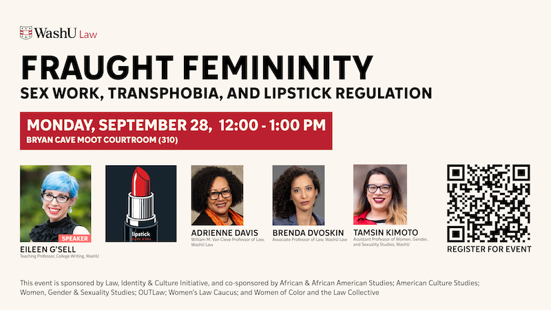 Promotional graphic for “Fraught Femininity: Work, Transphobia, and Lipstick Regulation,” featuring a lipstick image and panelists Adrienne Davis, Brenda Dvoskin, and Tamsin Kimoto.