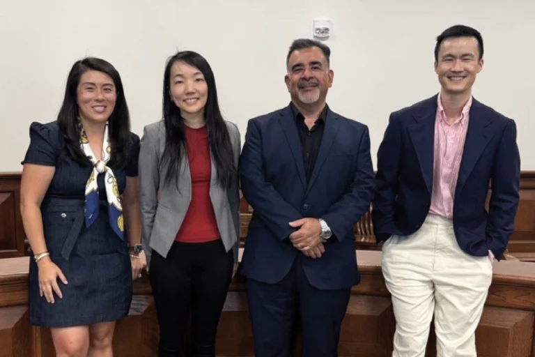Panelists for the Legal Tech Careers discussion featuring WashU Law Professor Jonathan Choi, Tom Martin, CEO and founder of LawDroid and Spectral Mind, Bethany Lee Scardella, JD ’12, corporate counsel at Google, and Wei Zhu, JD ’17, associate vice president and assistant general patent counsel – AI at Eli Lilly and Company